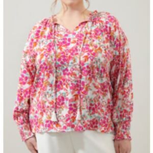 Sugarlips Fancy You Floral Weylin Split Neck Tassel Blouse‎ Curve 3X Pink Nwt